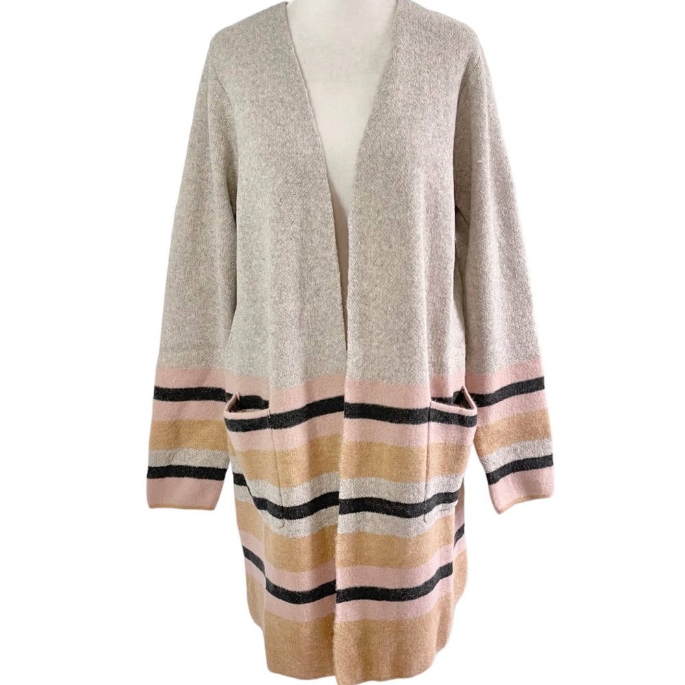 New Fortune + Ivy Striped Open Front Long Cardigan Grey Brown Pink Size Large